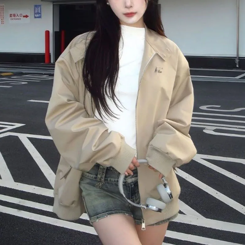 

Однотонная куртка в американском стиле ретро, весна-осень, элитный новый свободный повседневный универсальный топ с воротником-стойкой