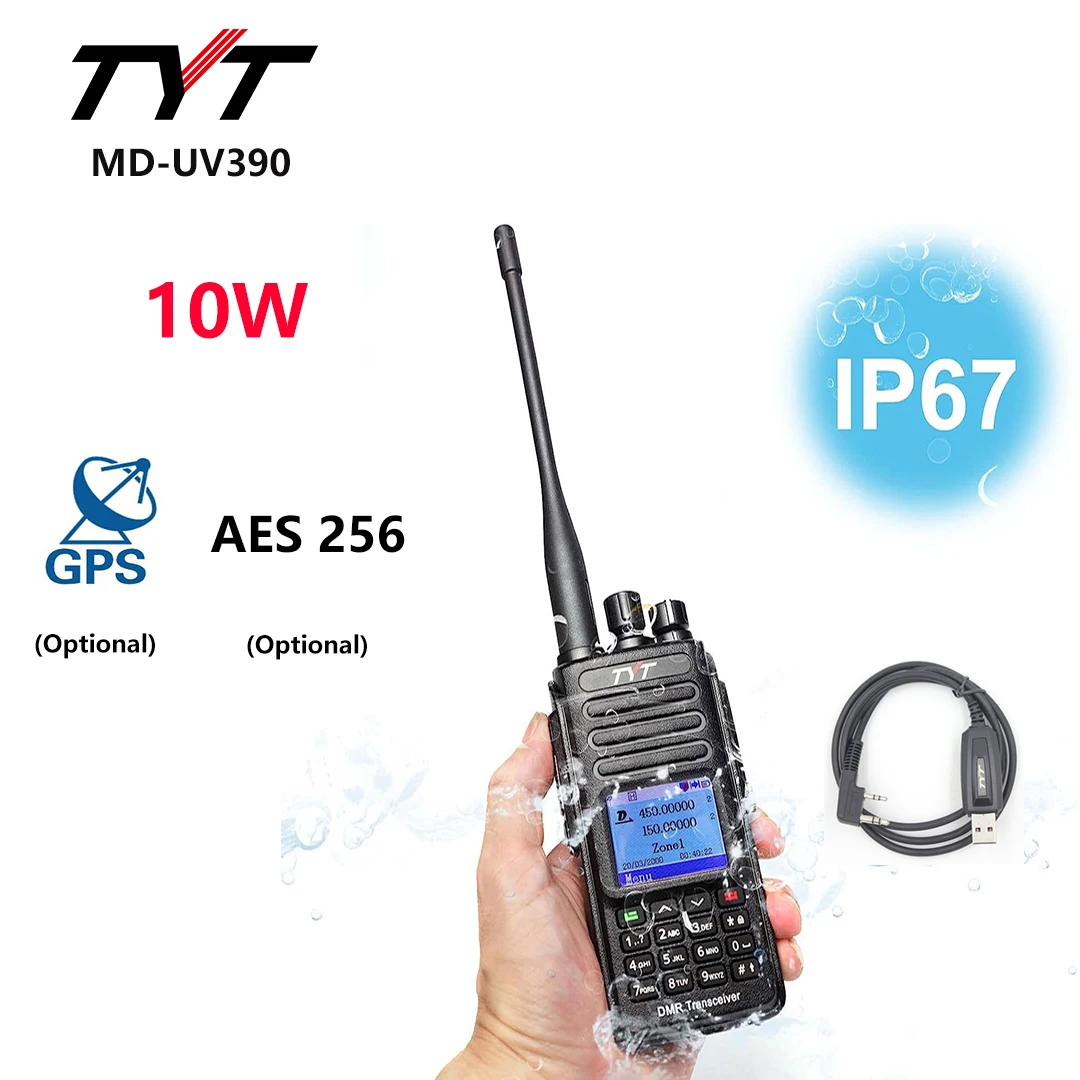 TYT MD-UV390 10W Walkie Talkie GPS AES 256 Two Way Radio Dual Band VHF/UHF Digital  IP67 Waterproof DMR Radio With Cable