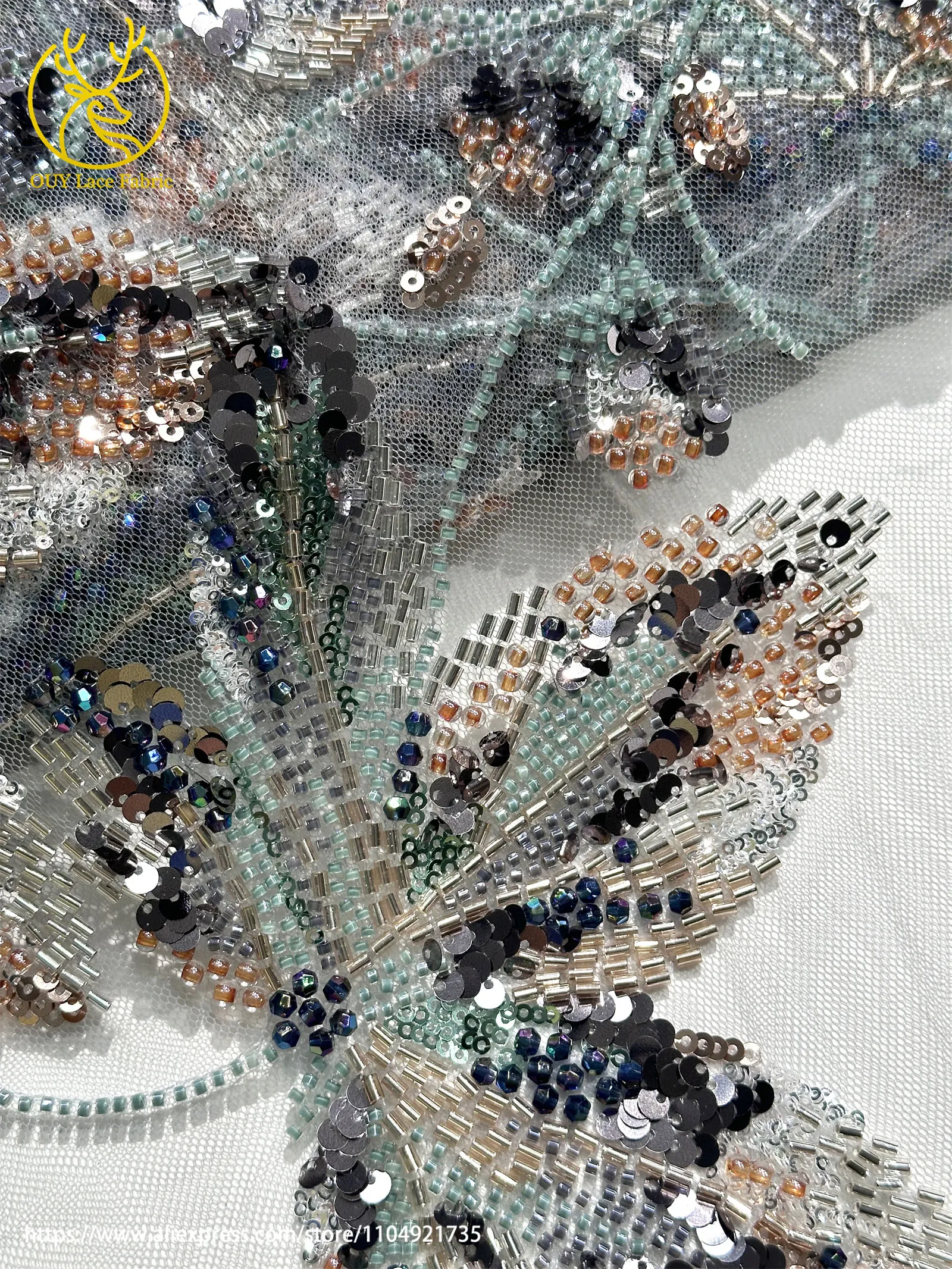 Lila Luxuriöser Afrikanischer Perlen-Spitzenstoff 2026 Modische Französische Nigerianische Pailletten-Stickerei-Spitze für Brautkleider – Detail 14