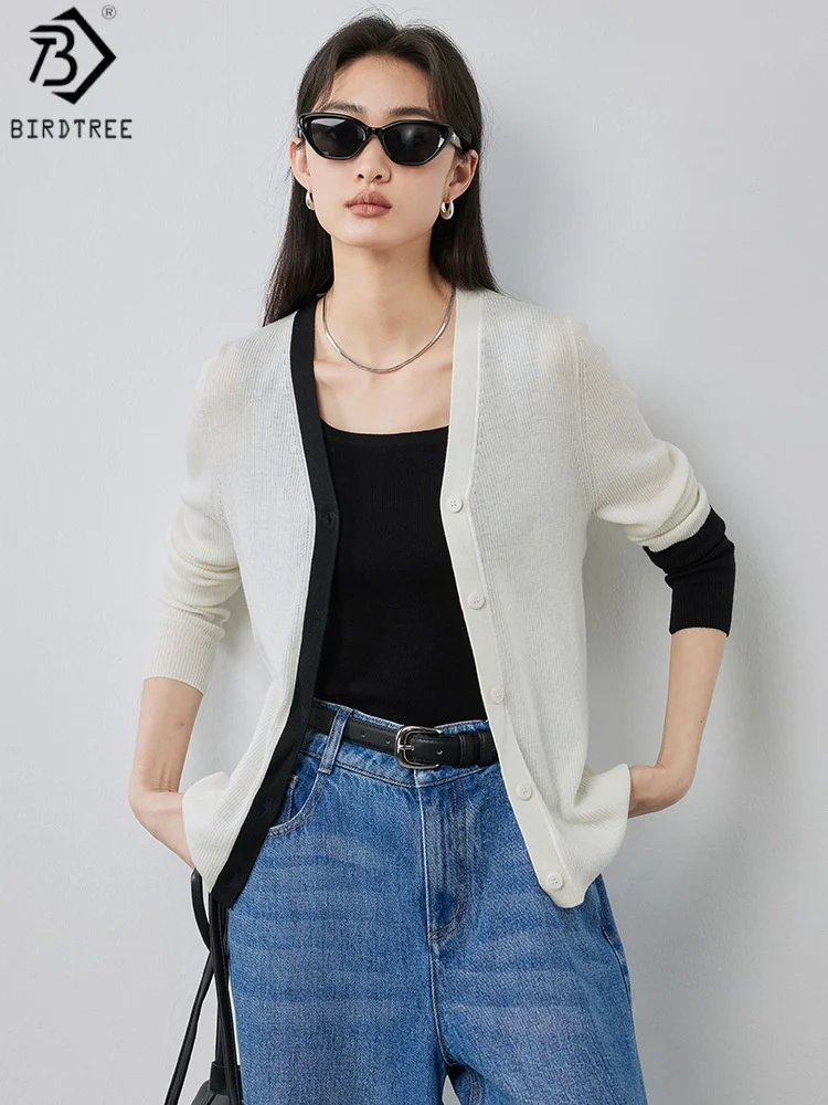 

Birdtree 32.4% Sheep Wool 30.1% Acrylic Color Block Cardigan,Woman Wool Blend V-neck Autumn Single Breasted Knit Coat T58513JF