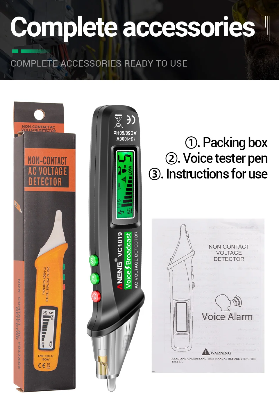 ANENG VC1019 Berührungsloser Spannungsprüfer mit Sprachausgabe 12-1000V AC Neutralleiter- und Spannungsleiter-Detektor mit Ton- und Lichtalarm sowie LED-Taschenlampe – Detail 14