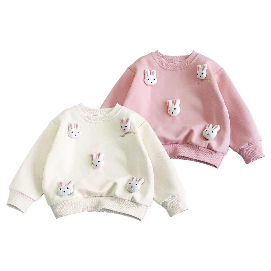 Stylish Korean Style Autumn Hoodie for Little Girls with 3D Cartoon Rabbit Decoration Warm and Trendy Option for Cooler Weather