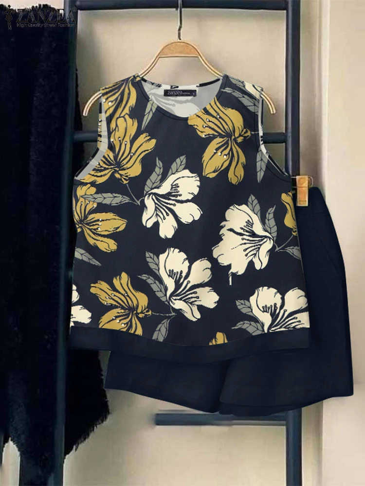 

ZANZEA Summer Short Sets 2PCS Outfits Women Sleeveless Print Tanks Tops Stylsih Holiday Beach Matching Sets Bohemain Tracksuits