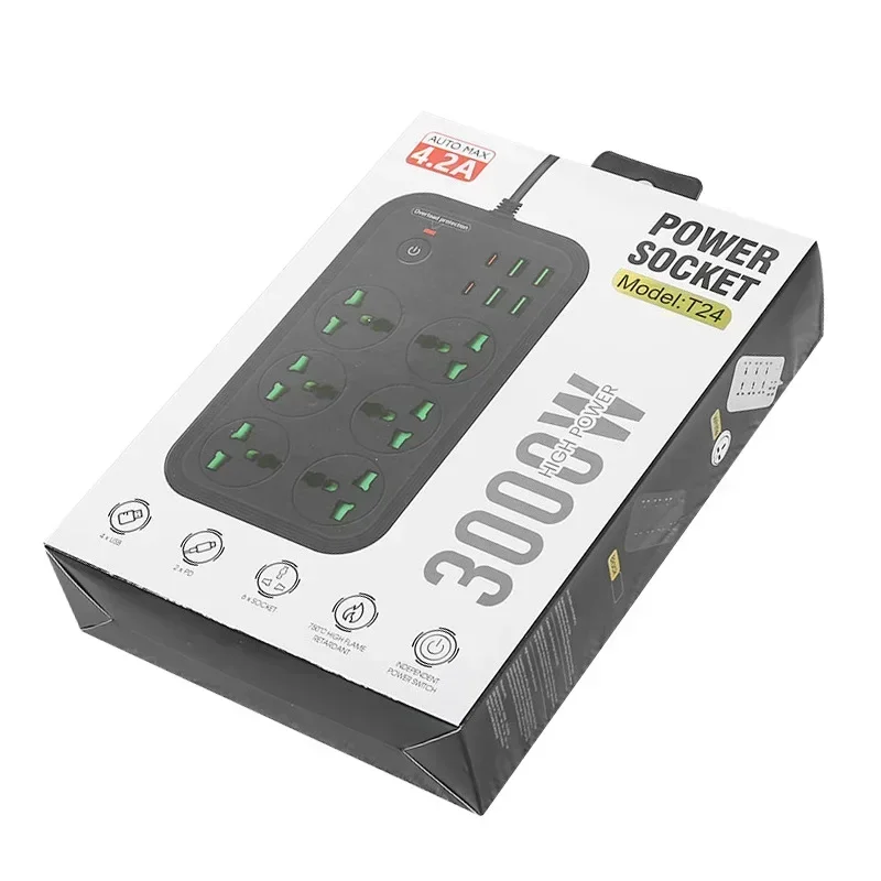 New 3000W Multi-function Power Strip with Switch 6-hole Socket Household with 2m Extension Cable 4 USB Power Strip Plug-in Board
