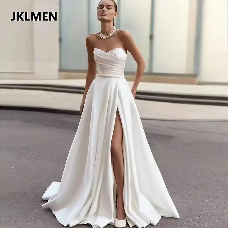 

Strapless Satin Simple Wedding Dresses Side High Slit Corset Back Bridal Gown Customized A Line Wedding Gowns