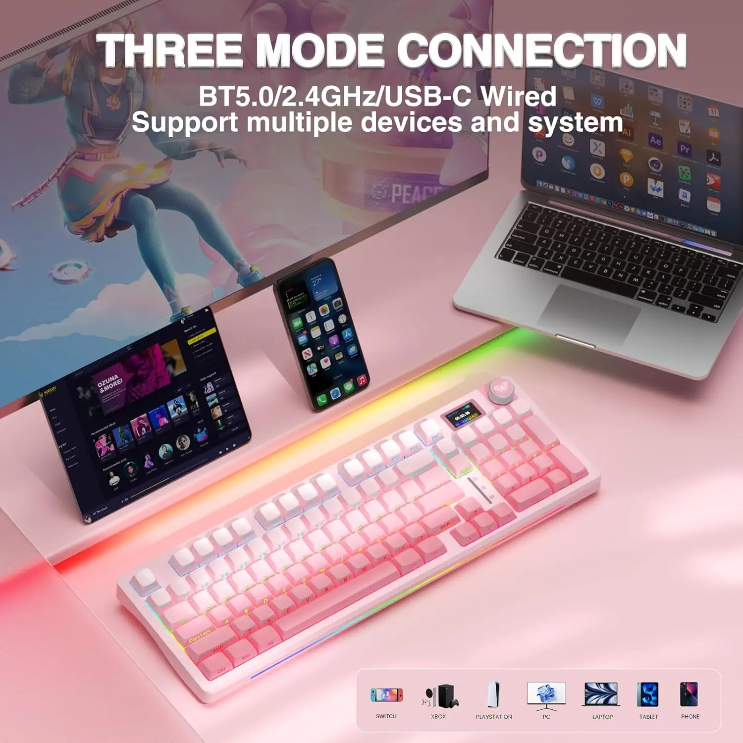 AULA S98 Pro لوحات المفاتيح الميكانيكية اللاسلكية ثلاثة أوضاع 2.4 جيجا هرتز/USB-C/BT5.0 لوحات مفاتيح الألعاب بإضاءة خلفية RGB قابلة للتبديل السريع مع شاشة
