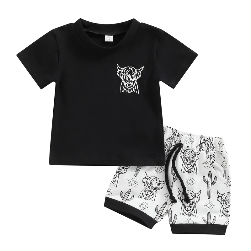 

Newborn Infant Baby Clothes Toddler Boys Set Short Sleeve Bull Head Print T-shirt with Cactus Print Shorts Summer Outfit