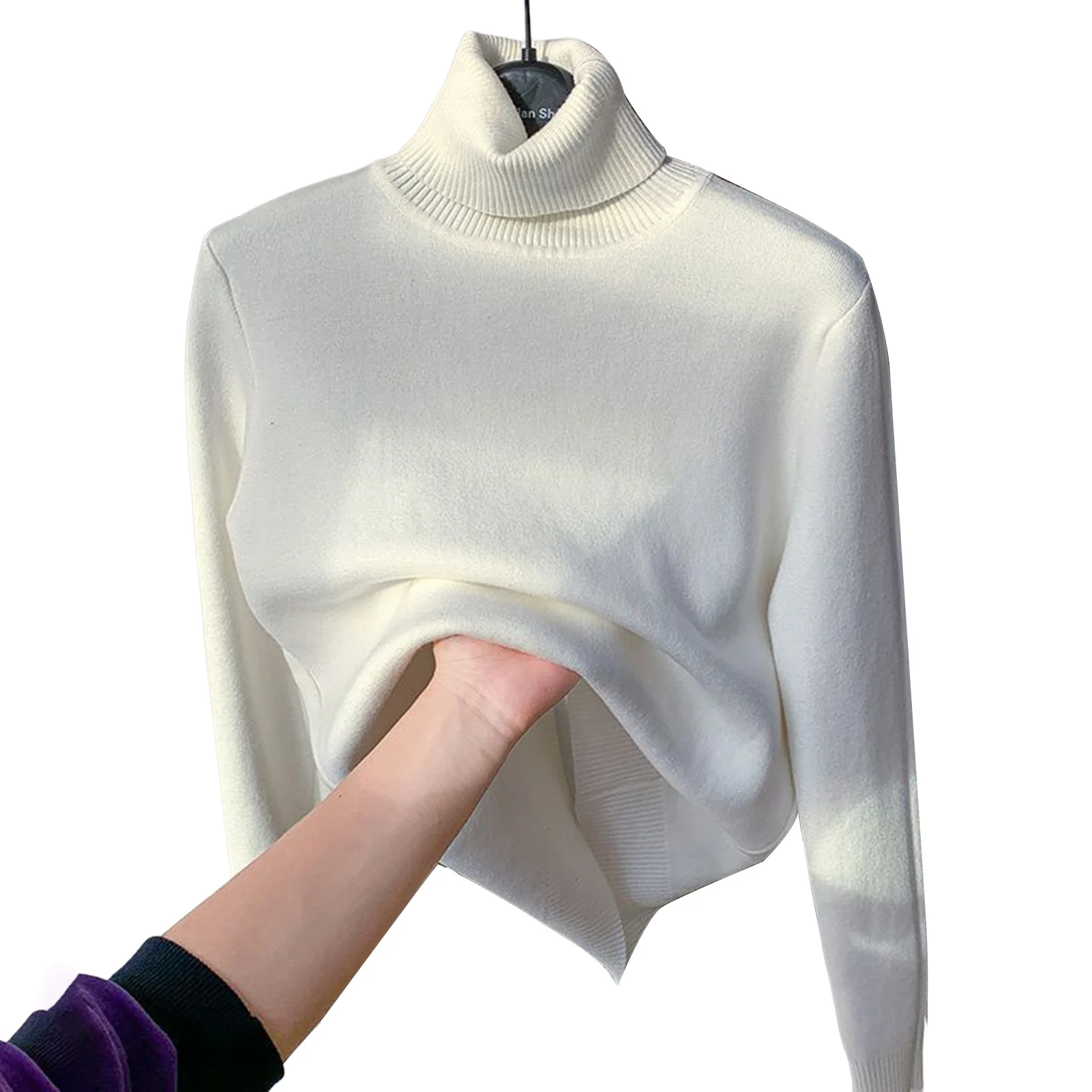 

Woman Warm Plush Pullover Threaded Cuffs and Hem Slim-Fit Sweater for Autumn and Winter Wear