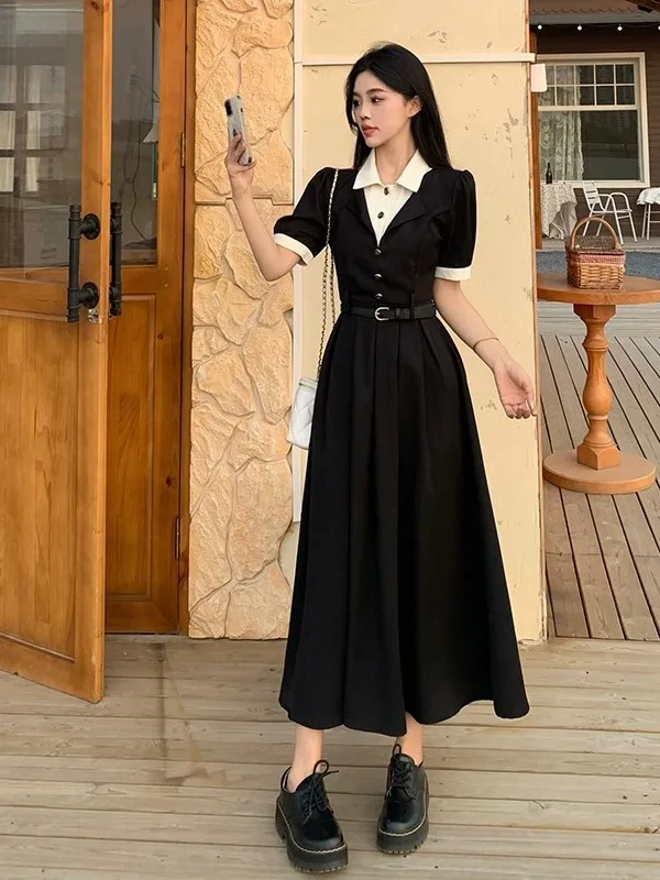 

plus Size Women's Collar Short Sleeve A-Line Dress Slim Fit High Waist Summer New Style Bright Thread Long Dress