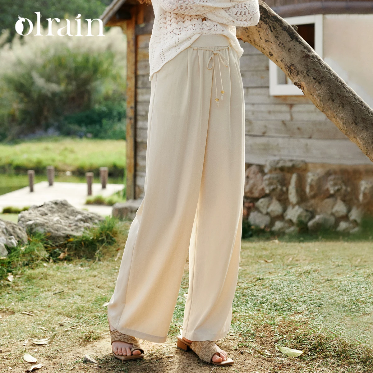 OLrain Women Straight Legs Pants Spring Casual Pleated Tie Belt Trousers 2026 Vacation Pockets Mid-waist Pants O58CK003182