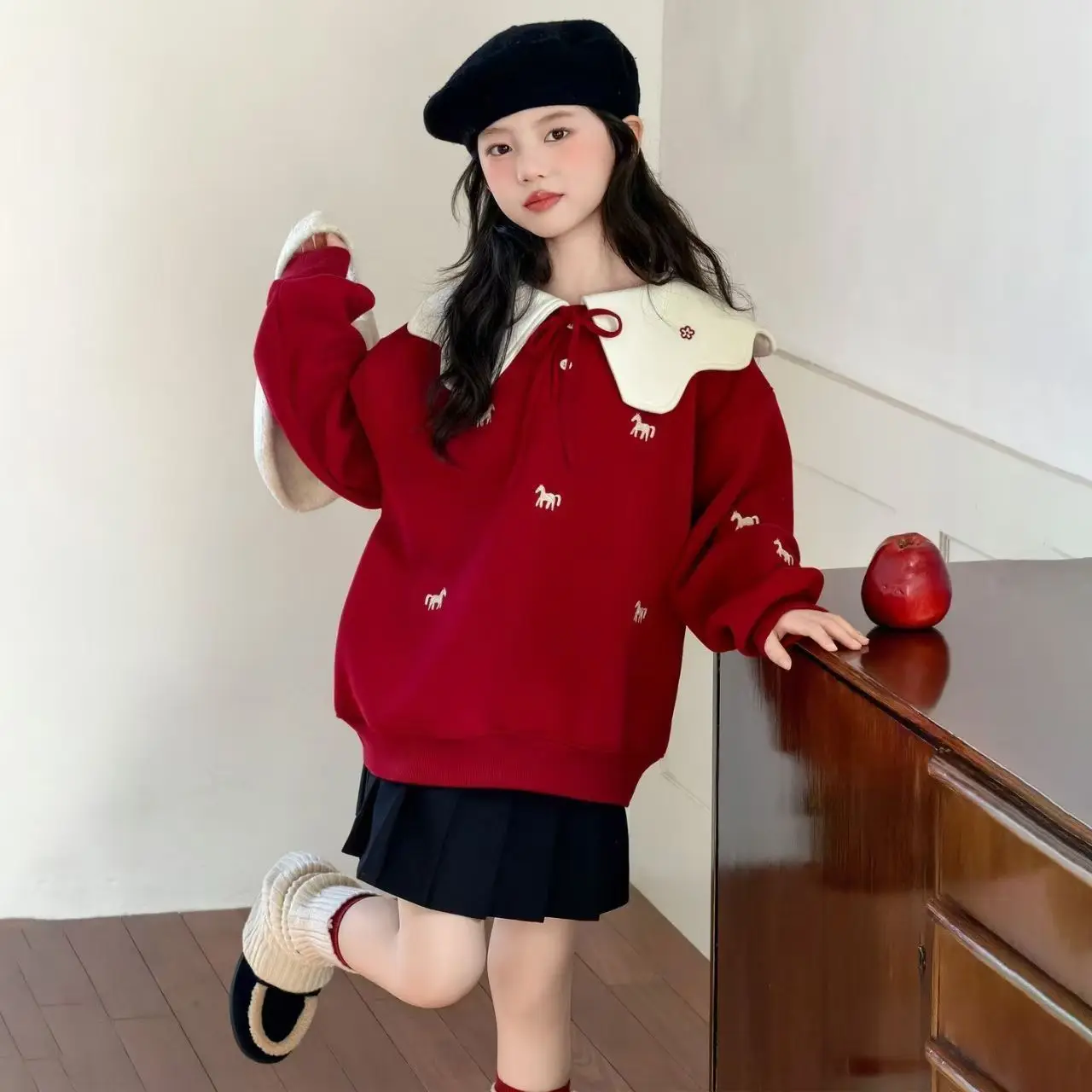 2026 Autumn Winter Girls Doll Collar Hoodie Fleece Lined Thick Warm Sweatshirt Cute Kids Children Pullover Tops Clothing