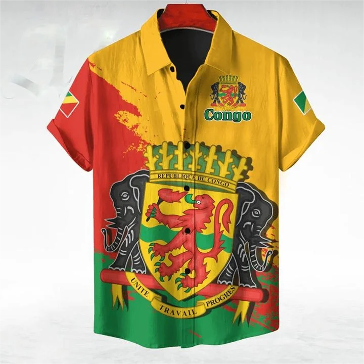 Congo Flag Map Short Sleeve Shirts For Men Clothes National Emblem Kids Blouses Boy Sport Jersey Hawaii Beach Shirts Button Top