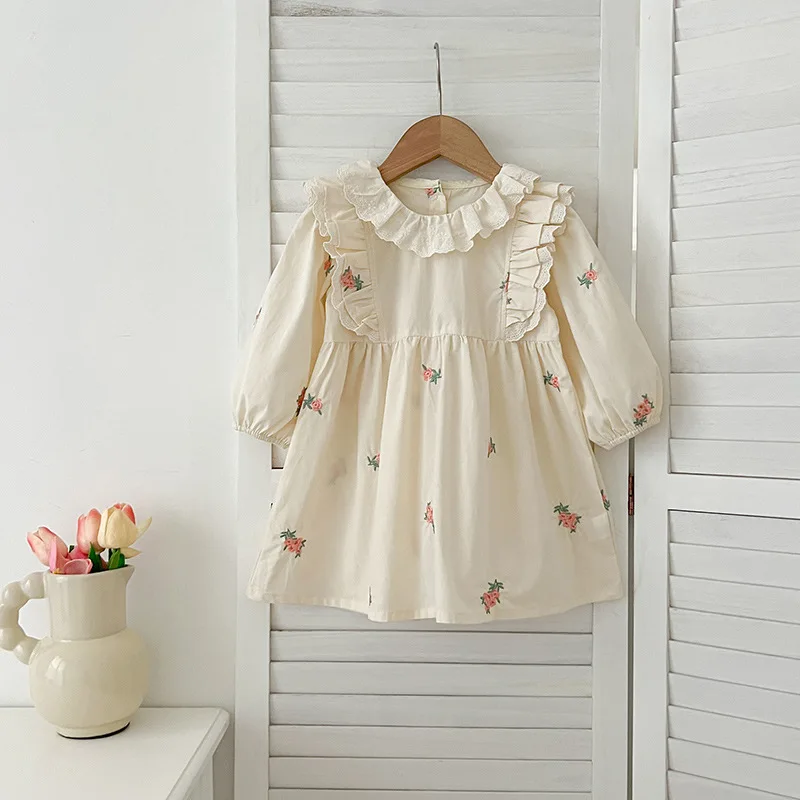 2025 Autumn New Baby Girl Lace Collar Embroidery Dress Long Sleeve Infant Romper Matching Sister Outfits for Toddler 0-24 Months