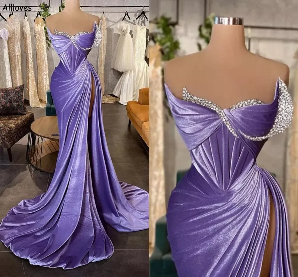 Mulheres Vestidos de Baile de Veludo Lavanda, Vestidos Sereia, Cristais Plissados Brilhantes, Alta Divisão, Sexy, Vestido de Noite Formal, Dubai, Árabe