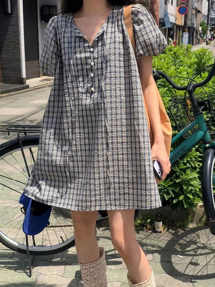 

Ретро-платье в клетку для женщин, летнее, свободного кроя, А-силуэт, с рукавами-фонариками, миди, в корейском стиле, для повседневной носки
