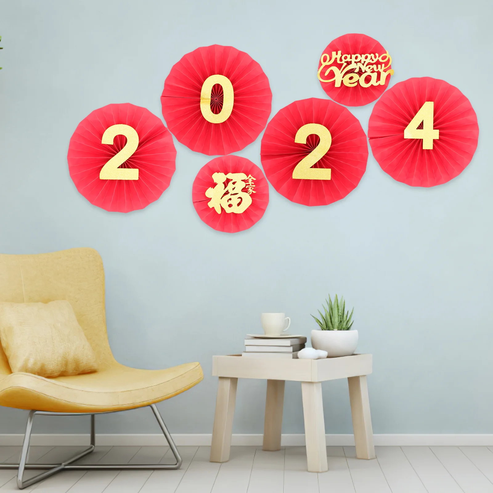 

1Set Lunar New Year Paper Fan Decoration Chinese New Year Folding Fan Wall Ornament Spring Festival Party Hanging Paper Fans