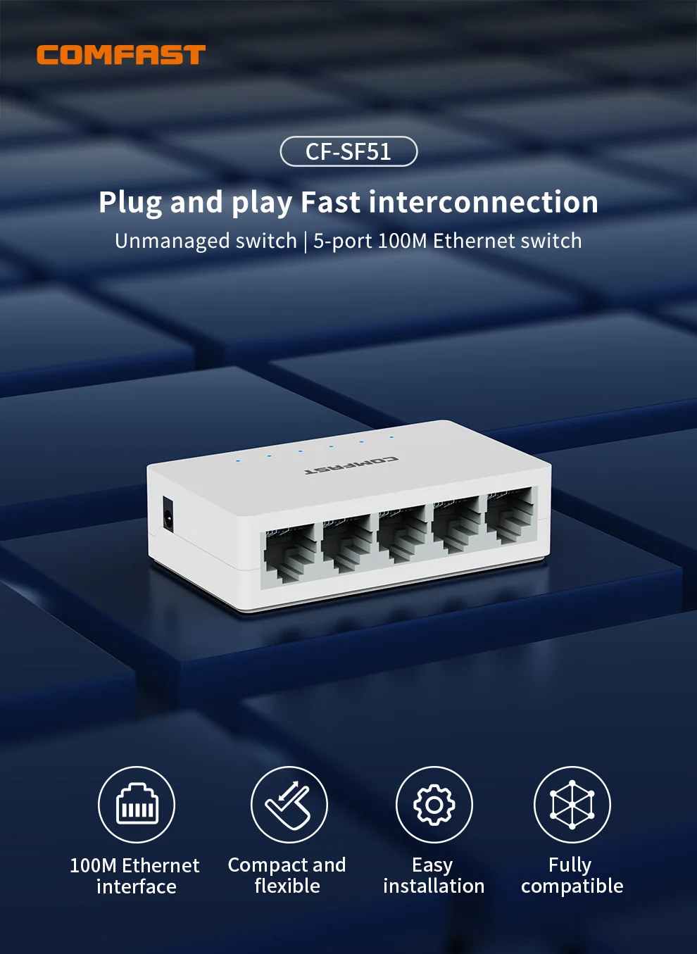 COMFAST 5 Ports Ethernet Switch 1K Auto MDI/MDIX IEEE 802.3x Portable Plug&Play Switch Network Port Expand for Home Enterprise