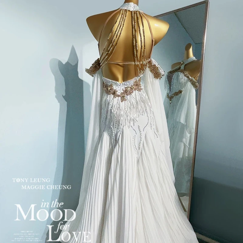 High End Modern Dance Competition Dress, Youth Professional Art Exam Costume, White Waltz Tango Performance Diamond Costume