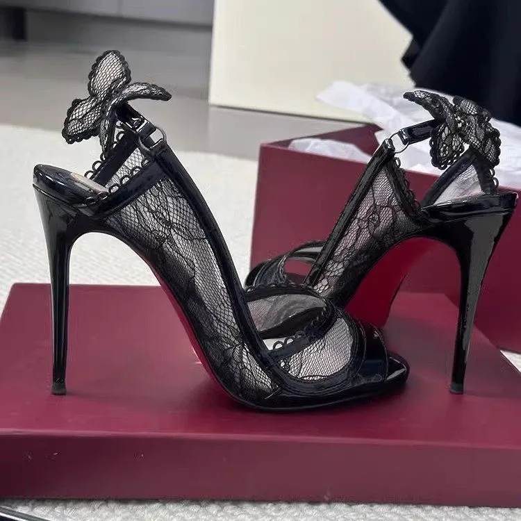 2026 Sommer Neue Offene Spitze Schwarze High Heels für Damen, Stiletto Sexy Damen-Sandalen mit Schleife und Knöchelriemen