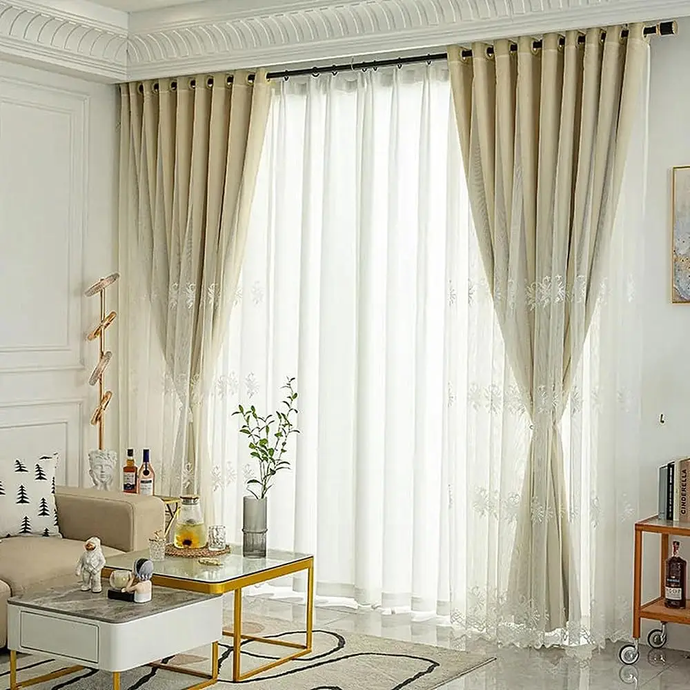 

1 Panel 140cm Width Double Layer Curtain for Living Room Embroidered Curtain for Girls Room