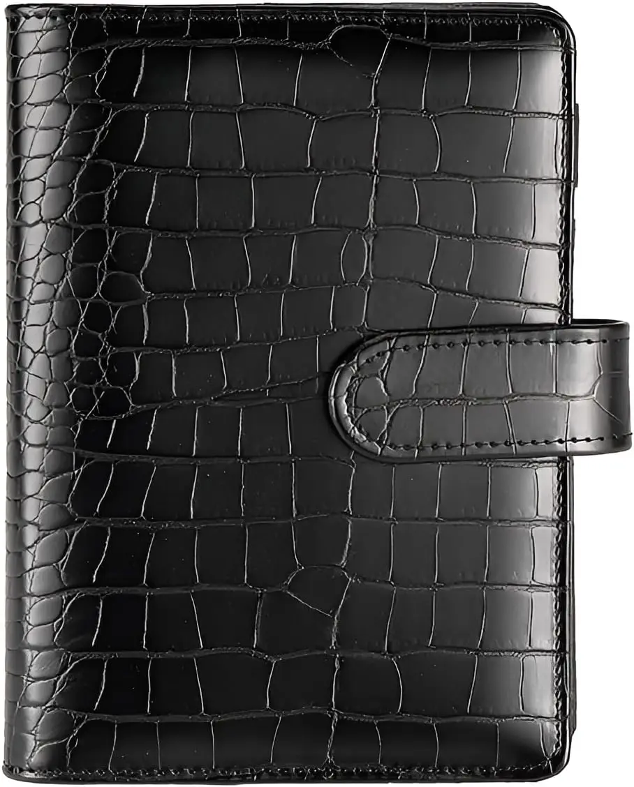 

A5 6-Ring Binder Cover Crocodile Pattern PU Leather Notebook with Hidden Snap Buckle, Refillable Budget Planner, Black