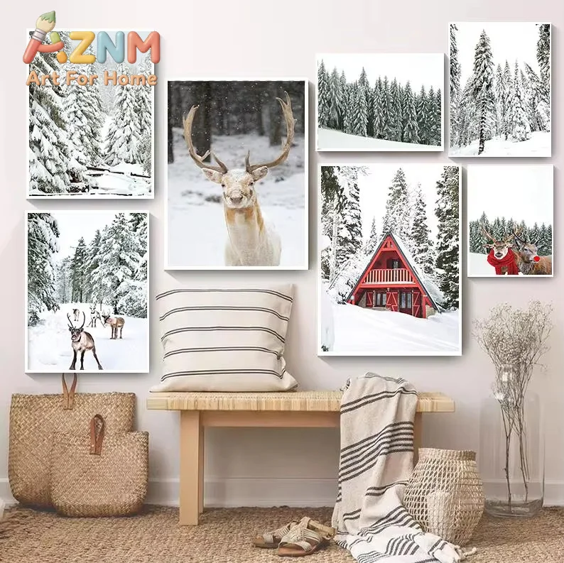 2026 Winter Forest Wonderland Posters prints Christmas Spruce Pine Reindeer Elk Canvas Painting Landscape Wall Art Picture Decor