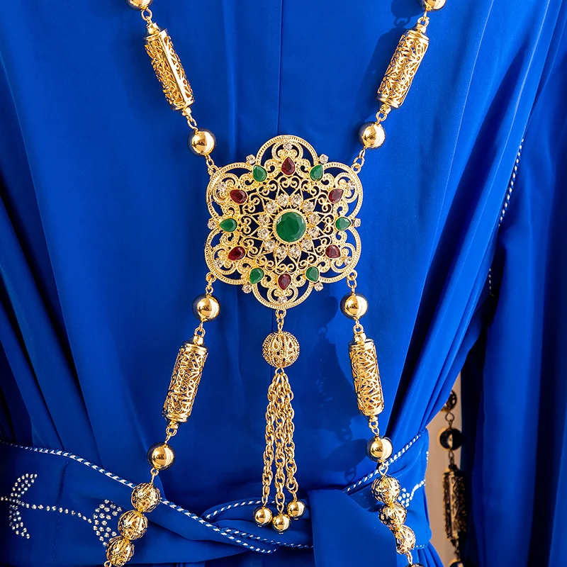 Luxury Moroccan Gold Color Bride Body Jewelery  Long Necklace Wedding Kaftan Back Crystal Shoulder Chain Jewelery