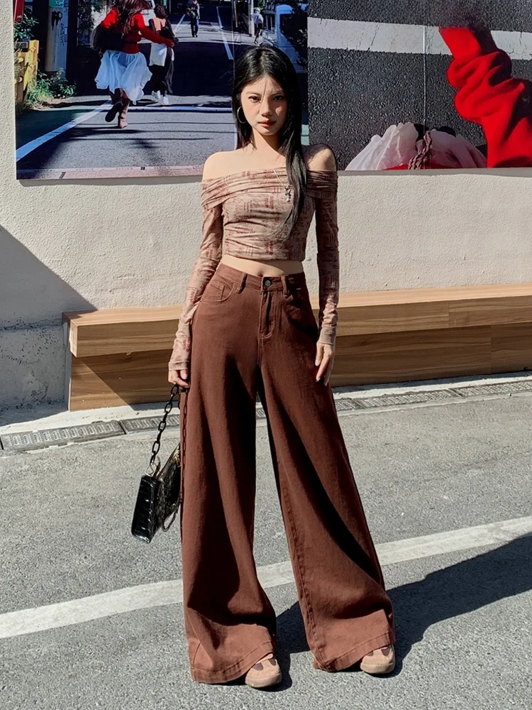 

American Retro Wide Leg Denim Jeans Women Summer Hot Girl Loose Slim High Street Draping Floor-Length Pants Cotton Polyester ...