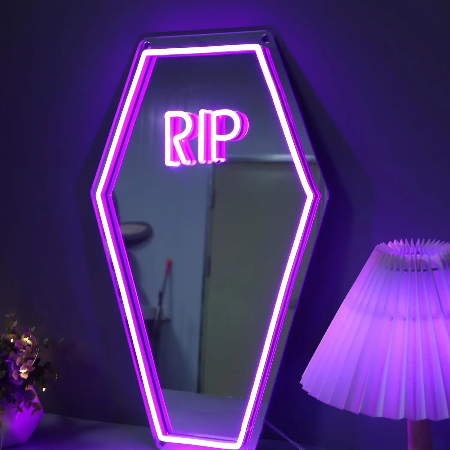 Coffin RIP Neon Mirror Signs, LED Neon Lights for Wall Room Decor, Halloween Gothic Lover, Party Gift
