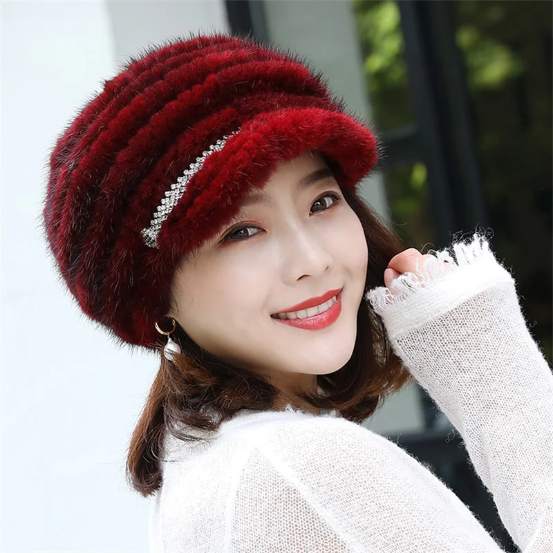 

New Fashion Genuine Natural Women's Knitted Mink Fur Hat Winter Mink Velvet Mink Hat Fashion Wind Peaked Cap Warm AndComfortable