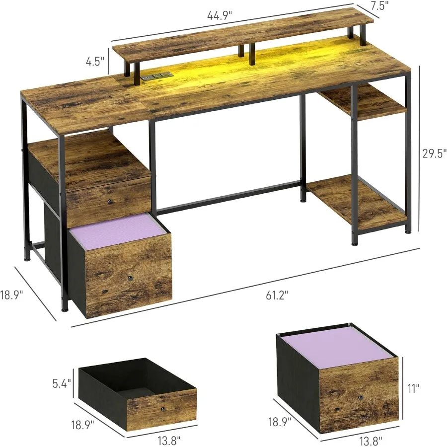 61 مكتب كمبيوتر مع أضواء LED منافذ طاقة منافذ USB مكتب ألعاب مع أرفف تخزين حامل شاشة خزانة ملفات قماشية Dra #3