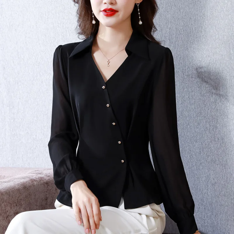 #2541 Spring Black Office Chiffon Blouse Women Long Sleeve V-neck Buttons Irregular Short Blouse Female Regular Fit Elegant