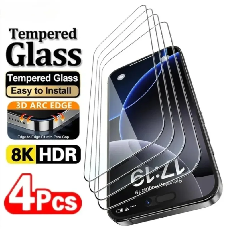 

4Pcs HD Phone Screen Protector for iPhone 17 16 Pro Max 16e Air Tempered Glass For IPhone 15 14 13 12 11 Pro Max XR XS Glass