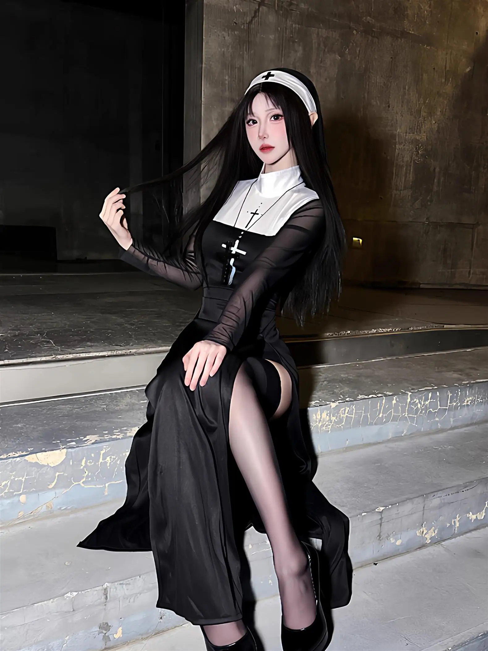 

R STUDIO Gothic Nun loween Costume Dr High Slit k Sexy Gothic Theme holic School orm Sle Women's Dr