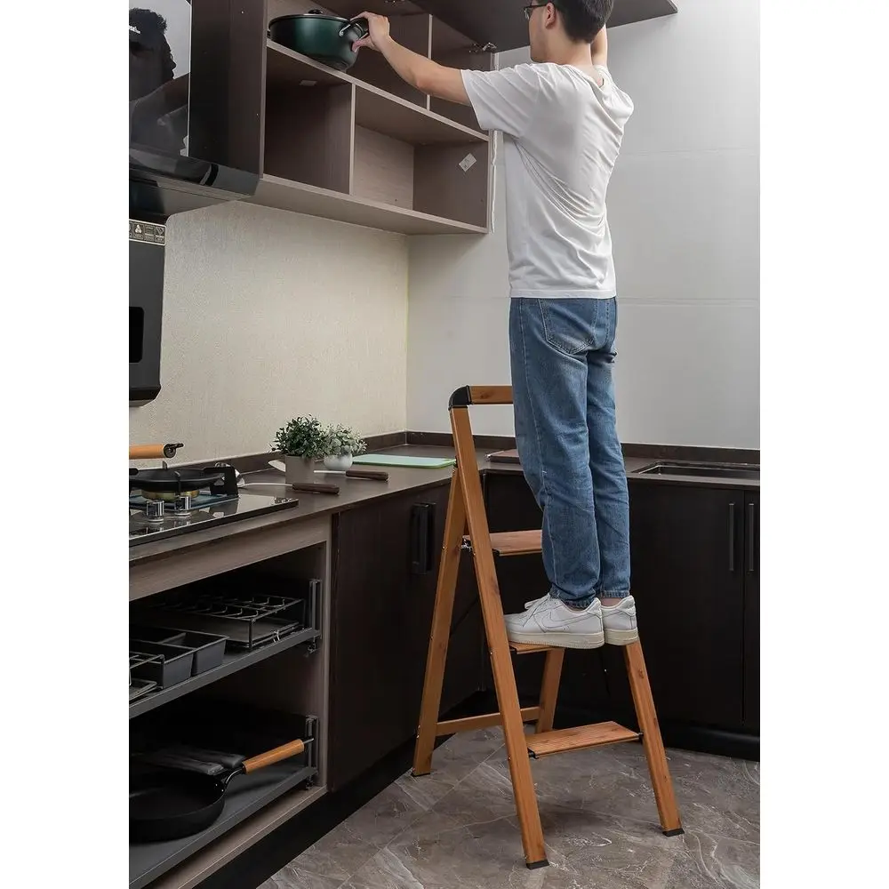 Step Ladders 3-Step Woodgrain Finish Aluminum Folding Step Stool Wide Pedal,Anti-Slip Portable Sturdy for Home & Kitchen Office