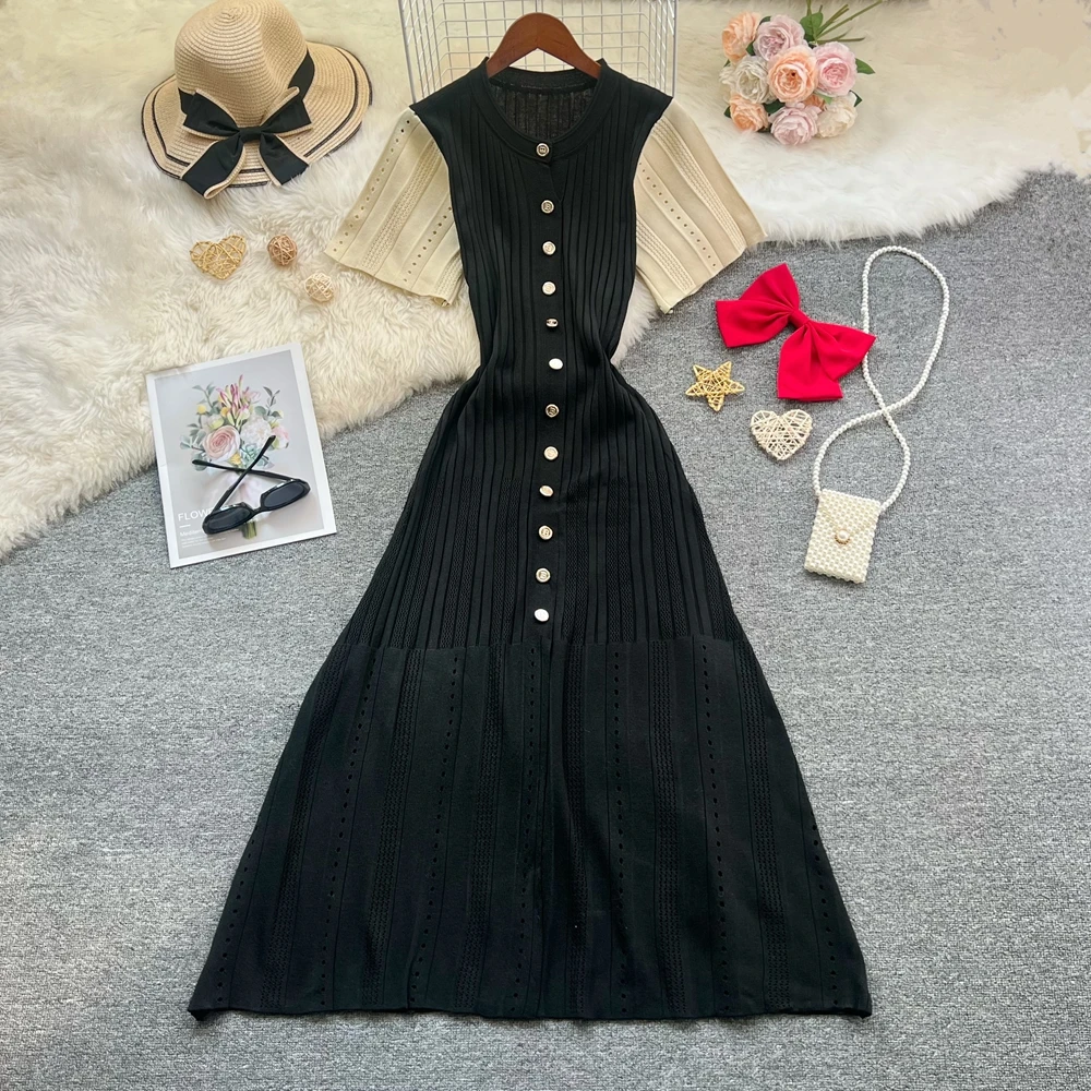 YuooMuoo Chic Fashion Elegant Knitted Long Dress 20256New Summer Vintage Patchwork Black Shirt Dress Brand Office Lady Vestidos