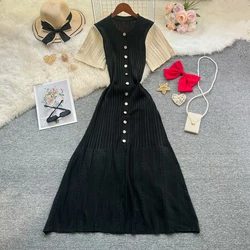 YuooMuoo Chic Fashion Elegant Knitted Long Dress 20256New Summer Vintage Patchwork Black Shirt Dress Brand Office Lady Vestidos