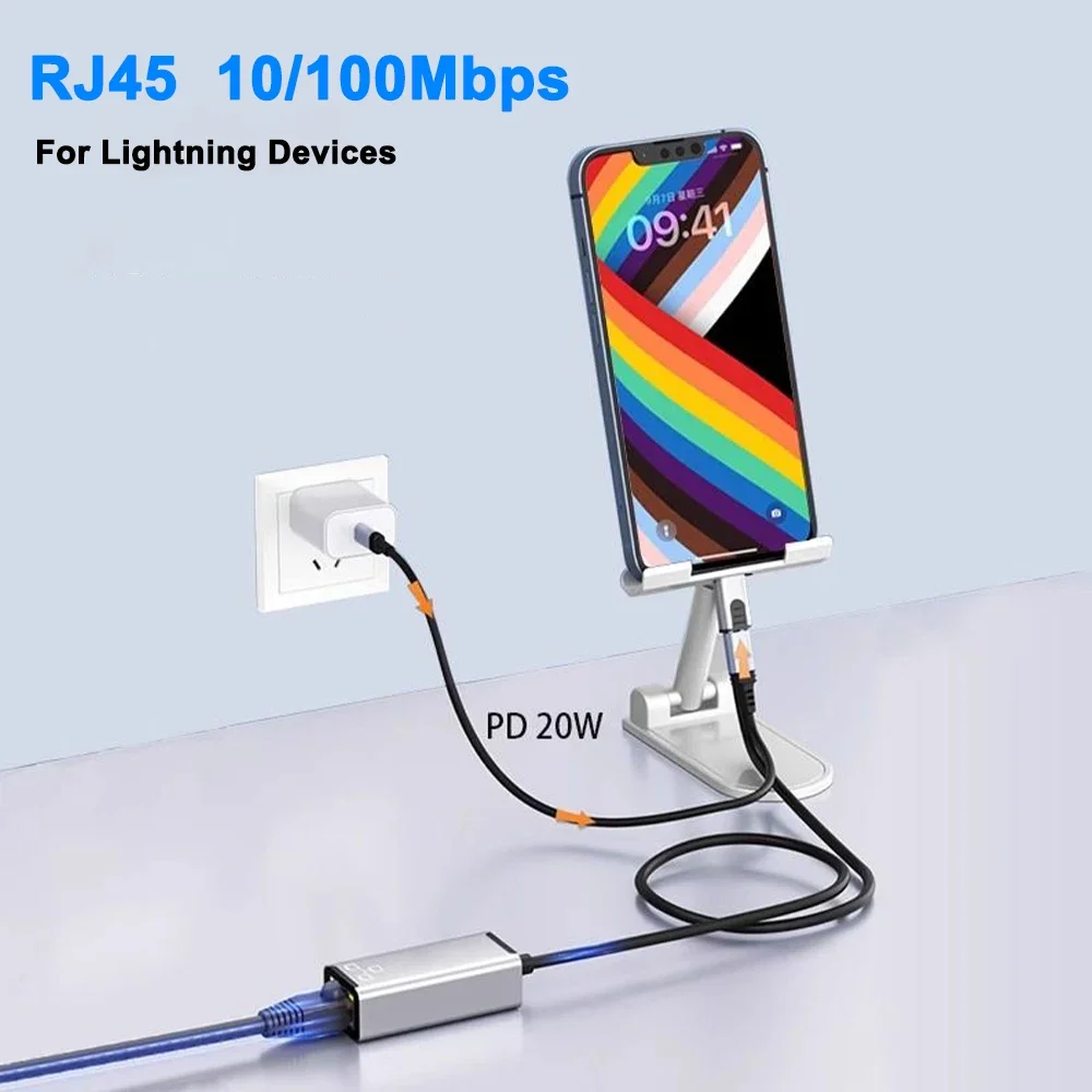 10/100Mbps RJ45 for Lightning iPhone 14 13 12 11  8 7 6 5 /iPad/iPod Ethernet LAN Network Adapter with Charging Adapter Port 20W