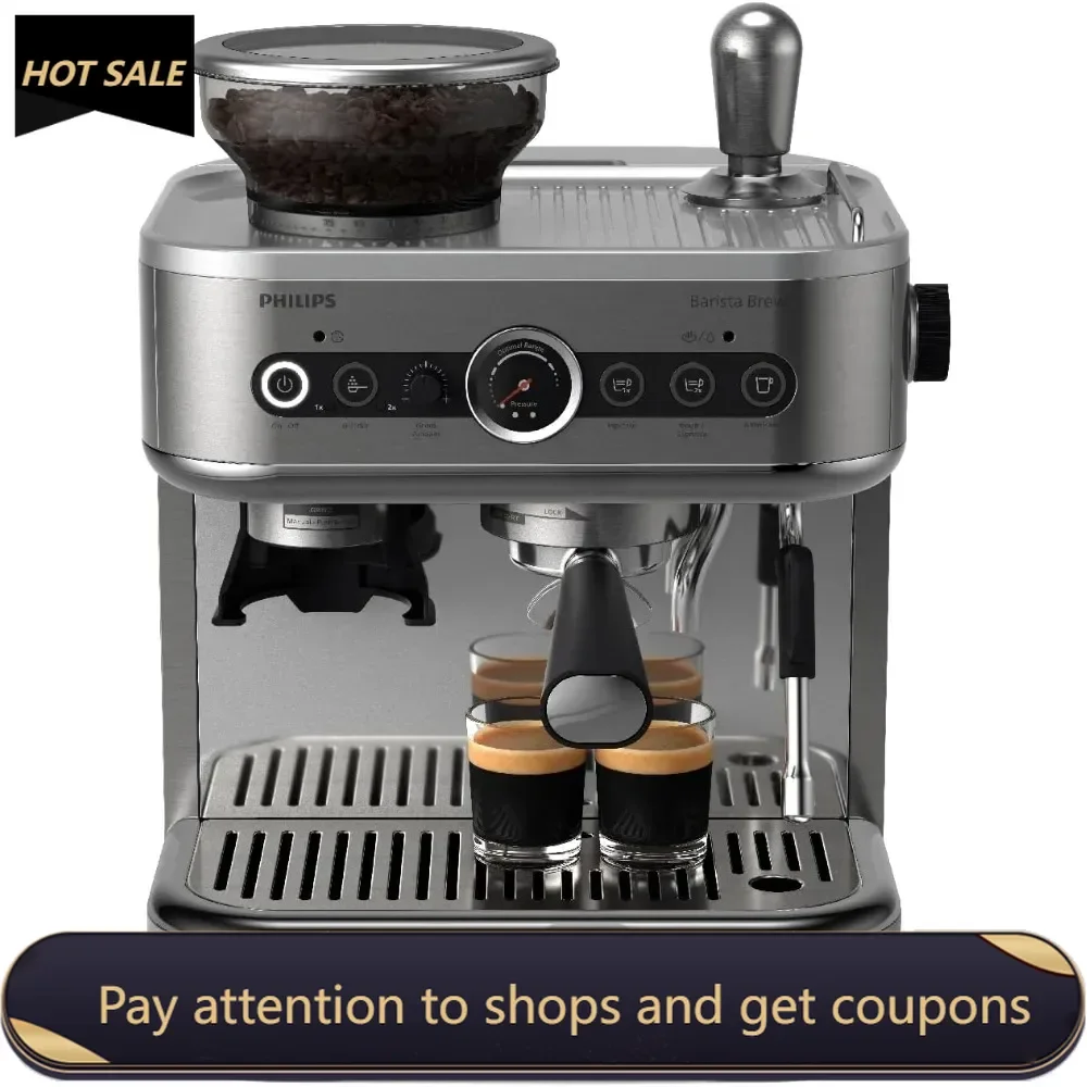 Semi Automatic Espresso Machine-Single & Double Espresso+Americano Button, 250g Bean Container, Calibrated Tamping, Metal Silver