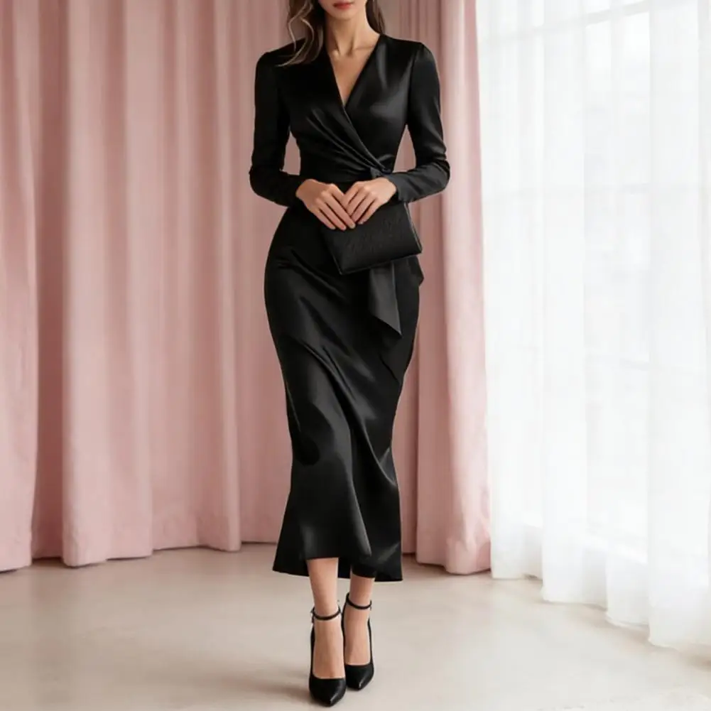 Dames wikkeljurk van satijn, zijdezacht, midi-lengte, temperamentvolle Hepburn-stijl, lange mouwen, nauwsluitende taille, vrouwelijke kantoorjurk, 80% satijn.