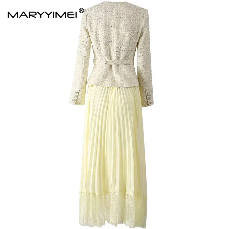 MARYYIMEI New Style Autumn and winter Women's Suit Long-Sleeved Single-breasted Lace-Up Slim Tops+Pleated Skirt Two piece set