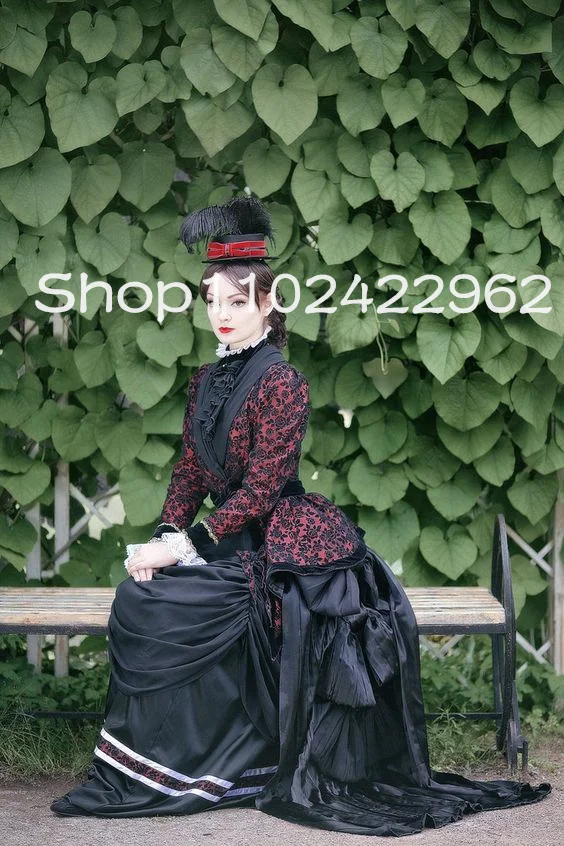 Black Red Gypsy Steampunk Prom Party Dresses with Long Sleeve Ruched Ruffles Skirt Cosplay Goth Bustle Evening Gown