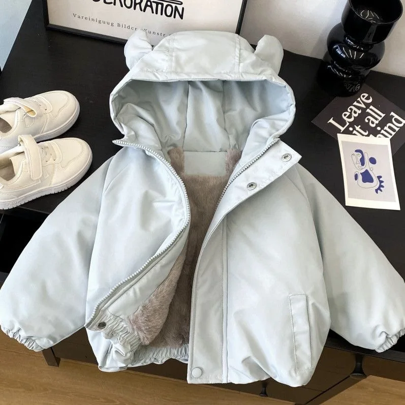 2026 Winter New Children Plus Velvet Thick Coat Boys Girls Warm Hooded Coat Kids Casual Cotton Padded Jacket Baby Clothes
