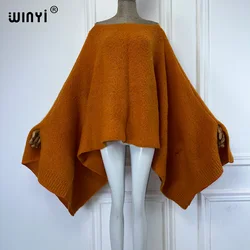 WINYI winter solid color knitt dress fashion cape Holiday dress Elegant winter ponchos for women loose cloak boho women clothing