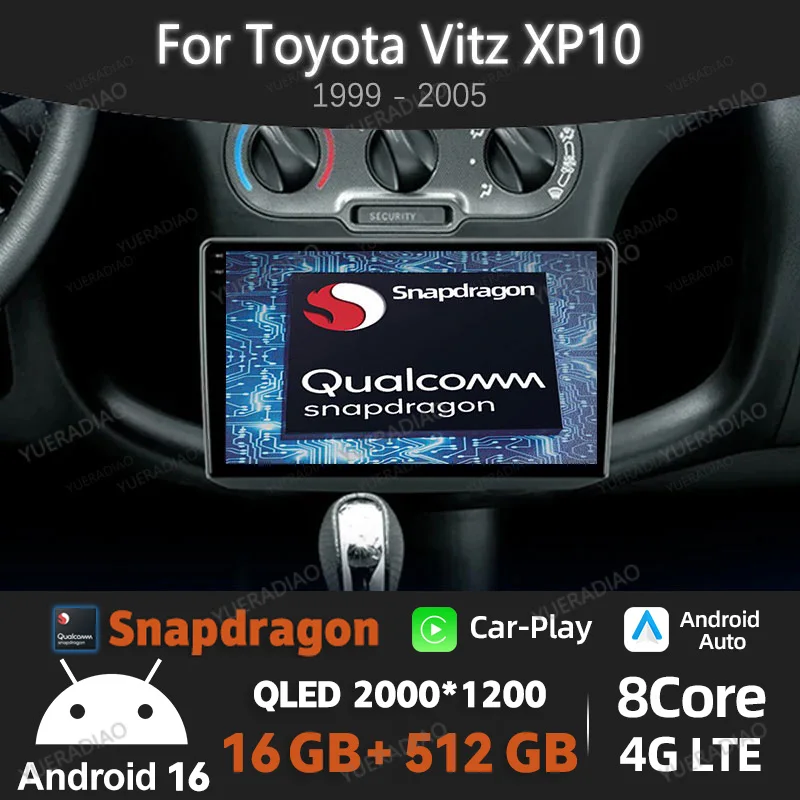 Radio para Auto Android 16 para Toyota Vitz Yaris Echo 1999-2005, Qualcomm QLED GPS NAVI, Unidad Principal 2DIN, Reproductor Multimedia Estéreo de Video