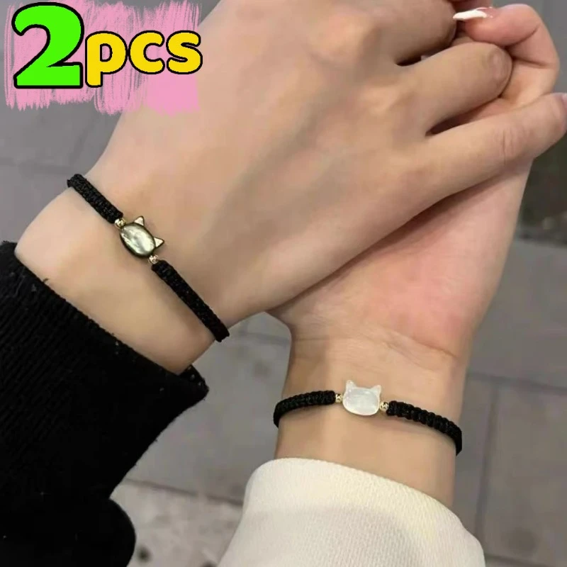 Couple Obsidian Bracelet Handmade Knitting Simple Black White Cat Jewelry Bracelet for Women Men Fashion Party Accessory Gift