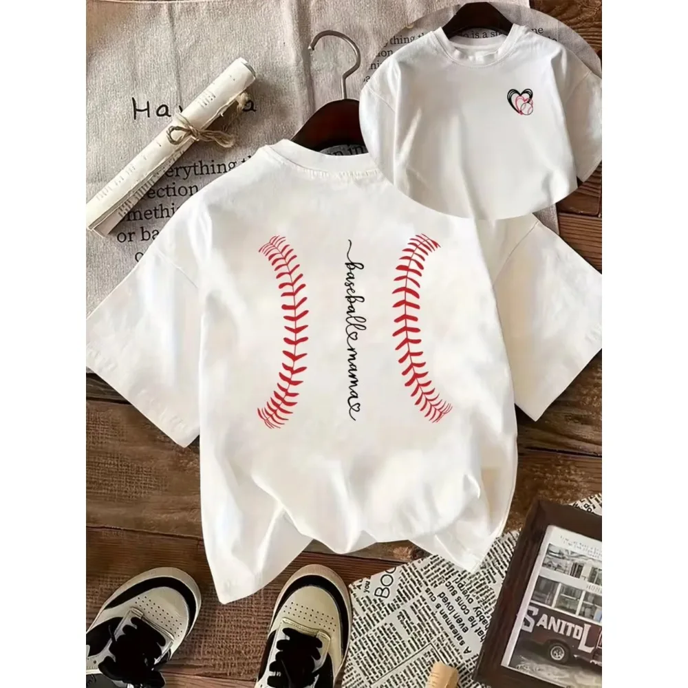 Baseball Mama Retro Stitch Graphic T-Shirt Casual Loose Crew Neck Short Sleeve Sports Mom Game Day Print Soft Casual Daily Top