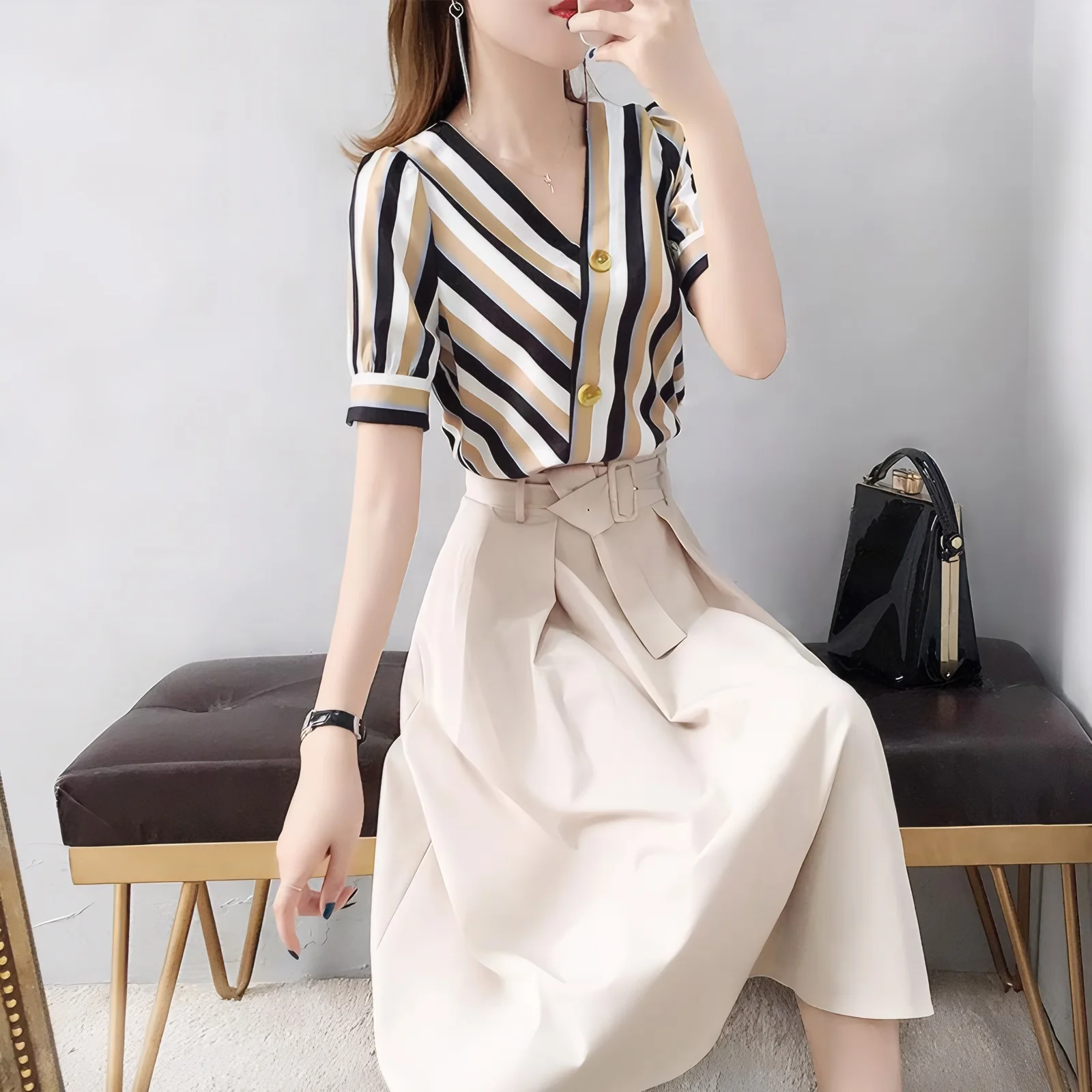 

Summer New Elegant Fashion Suits Women V-Neck Stripe Short Sleeves Top+Solid Color Simple Dress Casual Office Lday 2-Piece Set