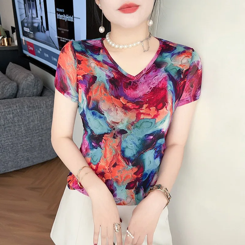 Summer Women's Fashion Slim Fit Short Sleeve V-Neck Printed T-Shirt Trendy Daily Wear Standard Size Non-Fleece Mesh Geometric...