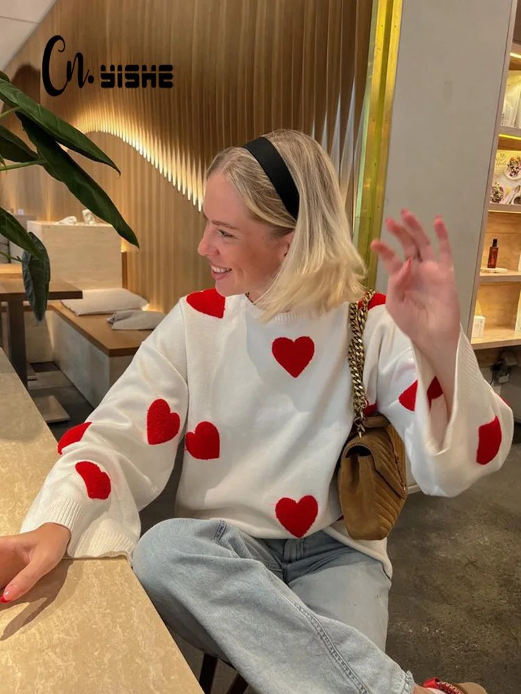 Cnyishe dzianinowe serce zimowe seksowne klubowe damskie swetry z dekoltem z długim rękawem miękkie casualowe w stylu Streetwear stylowe topy